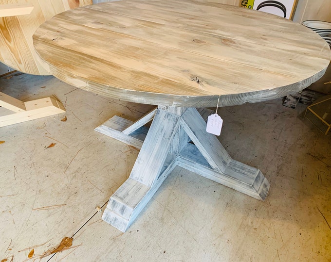Round Farmhouse Table, Single Pedestal  Style Base,  White Wash Top with Distressed White Base, Small Wooden Dining Table