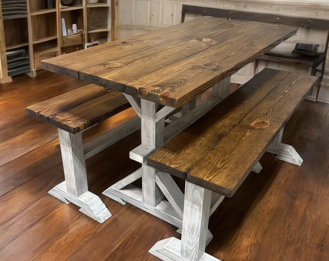 Counter Height Farmhouse Table Set With Benches - Provincial Brown, Distressed White - Narrow Dining Table Set - Wooden Kitchen Table