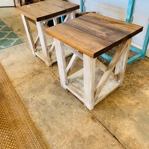 Rustic Handmade End Tables Set with Shelve, Distressed White Base with Provincial Brown Top of Farmhouse Side Tables, X Criss Cross Style image 7