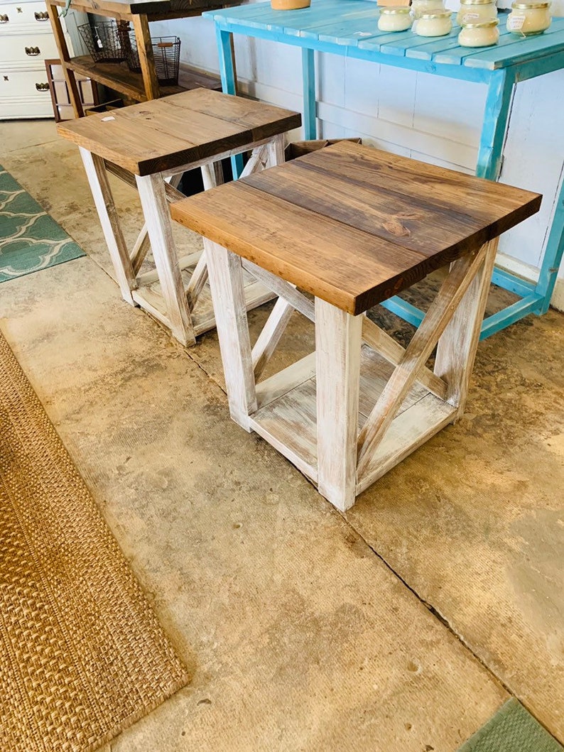 Rustic Handmade End Tables Set with Shelve, Distressed White Base with Provincial Brown Top of Farmhouse Side Tables, X Criss Cross Style image 7