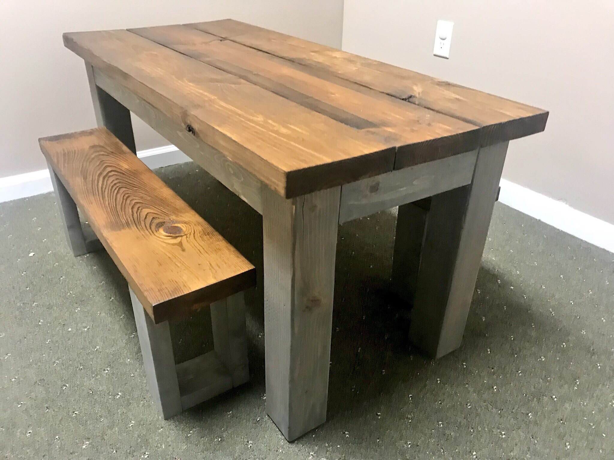 Rustic Wooden Farmhouse Table Set with Provincial Brown Top and Classic Gray Base Includes Two Benches Dining Set With Matching Kids Set