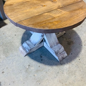 Round Farmhouse Rustic Coffee Table With Pedestal Base, Distressed White Base With Light Walnut Top Living Room Furniture image 8