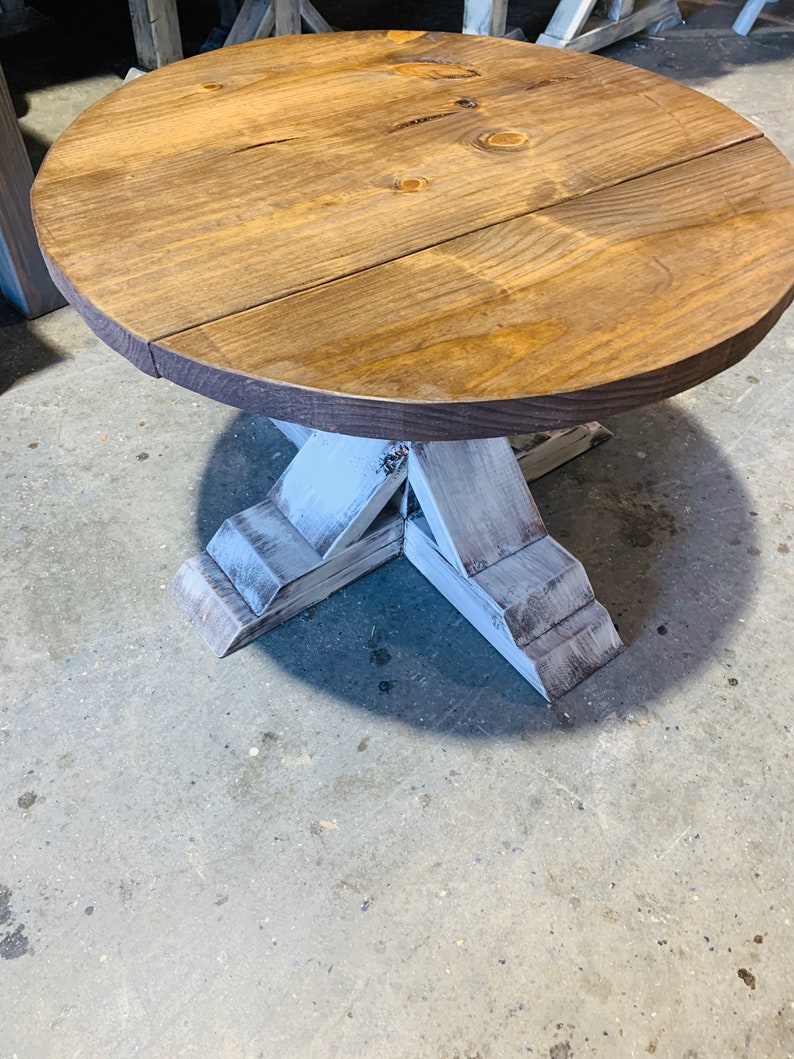 Round Farmhouse Rustic Coffee Table With Pedestal Base, Distressed White Base With Light Walnut Top Living Room Furniture image 8