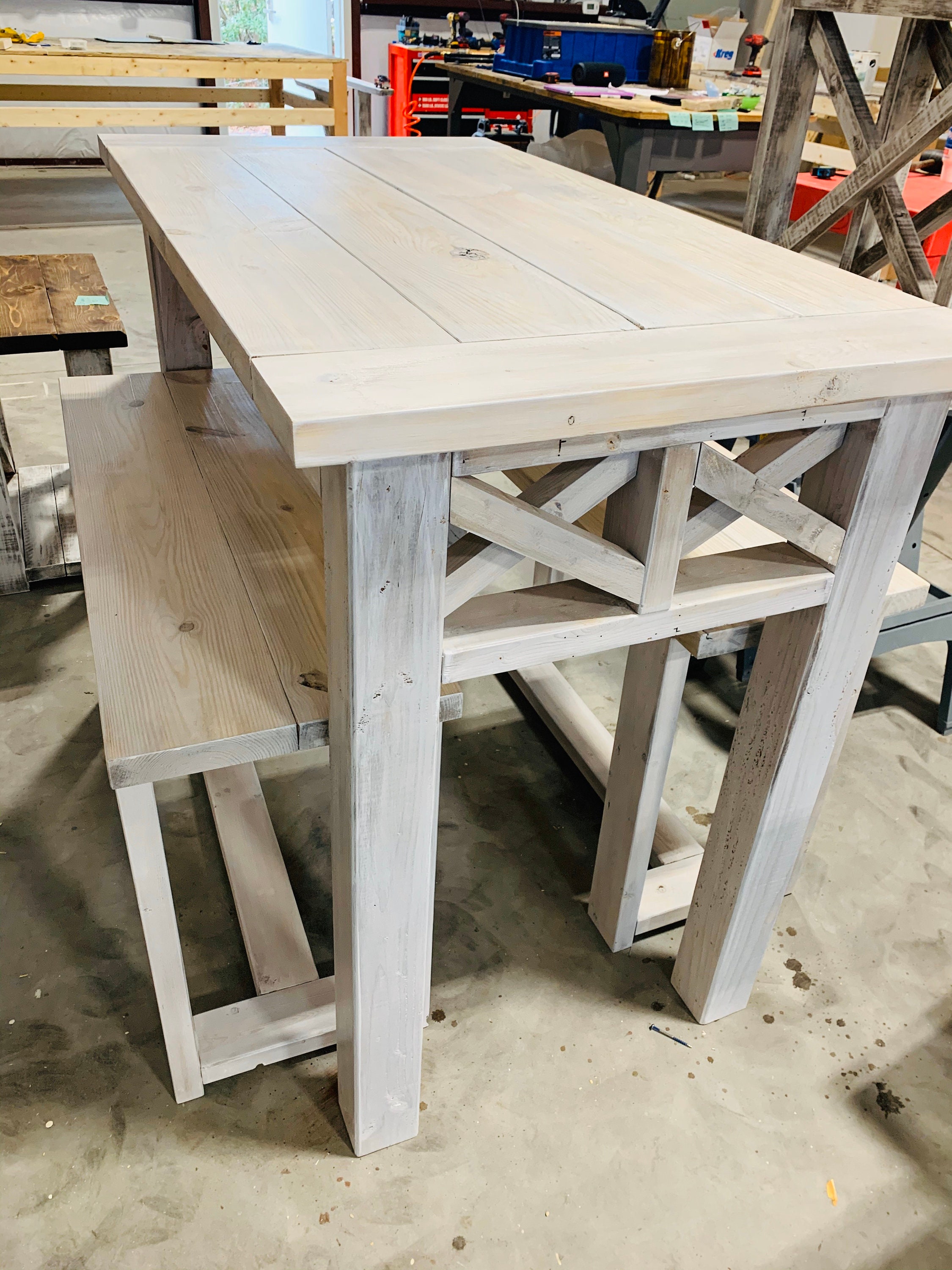 Counter Height Rustic Farmhouse Table With Benches