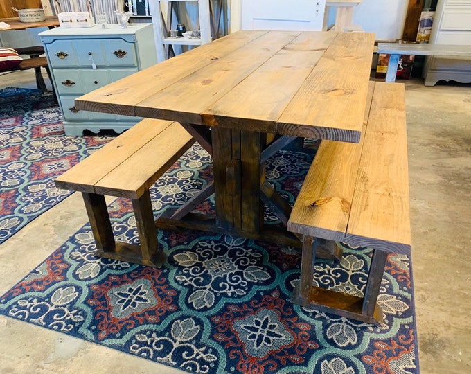 Rustic Rusty Trestle Style Farmhouse Table Set with Benches, Light Walnut Top with Industrial Look, Rusty Iron Base Wooden Dining Set