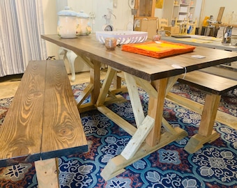 Rustic Farmhouse Dining Table with Benches: Driftwood Brown Base, Dark Walnut Top