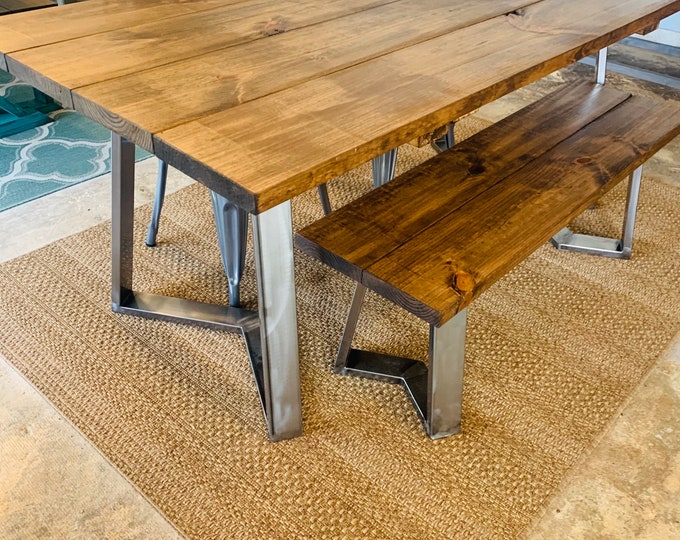 Industrial Farmhouse Table with Bench and Metal Chairs , Rustic Steel Legs, Provincial Brown Wooden Top, 6ft Dining Set, Industrail Design