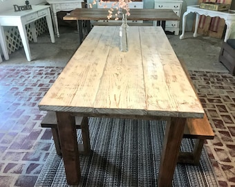 Rustic Weathered Farmhouse Table Set with Wooden Benches, Antique White Weathered Distressed Top and Walnut Sained Base, Kitchen Dining Set