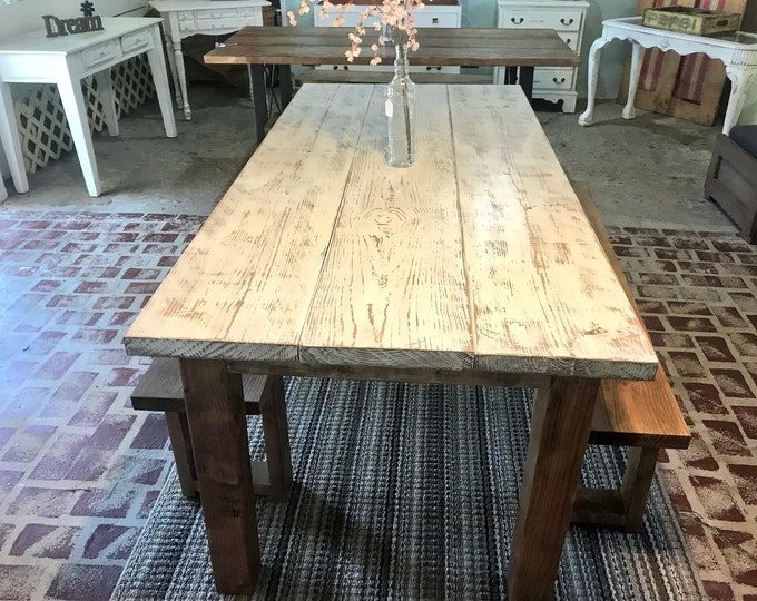 Rustic Weathered Farmhouse Table Set with Wooden Benches, Antique White Weathered Distressed Top and Walnut Sained Base, Kitchen Dining Set