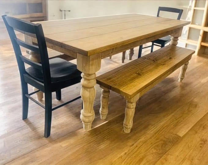 Farmhouse Table Set - Bench and Chair Seating - Early American - Chunky Turned Table Legs - Wood Kitchen or Dining Table