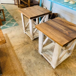 Rustic Handmade End Tables Set with Shelve, Distressed White Base with Provincial Brown Top of Farmhouse Side Tables, X Criss Cross Style image 8