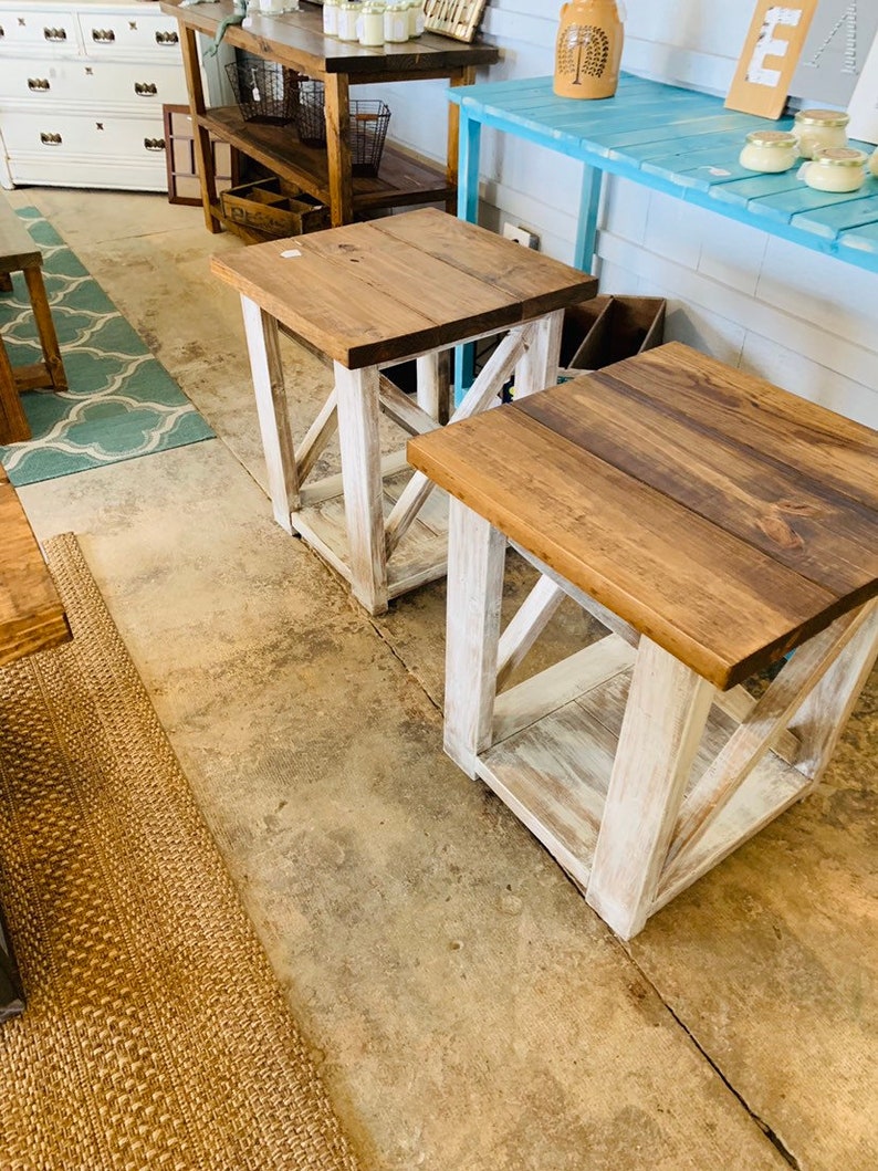 Rustic Handmade End Tables Set with Shelve, Distressed White Base with Provincial Brown Top of Farmhouse Side Tables, X Criss Cross Style image 8