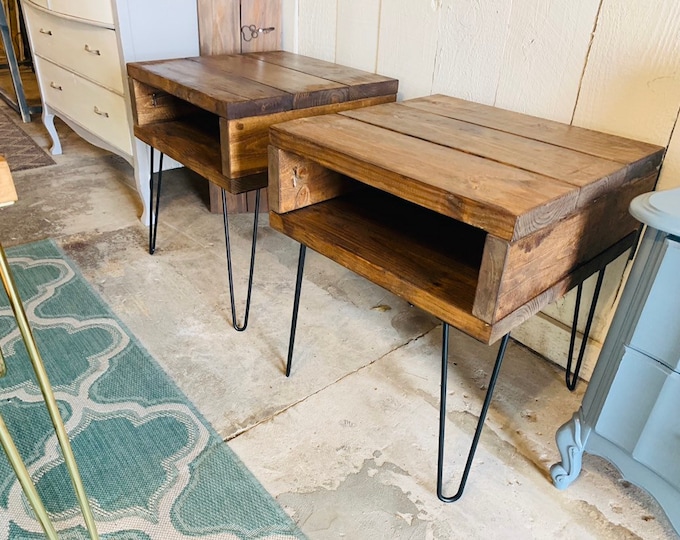 Modern Side Table with Hairpin Legs, Stained Provicial Brown, Nighstand Set or End Table Set, Industrial Side Tables