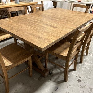 Extendable Farmhouse Table, Two Leaf Dining Set with Chairs, Modern Trestle Style Base, Stained Provincial Brown, Hardwood image 3