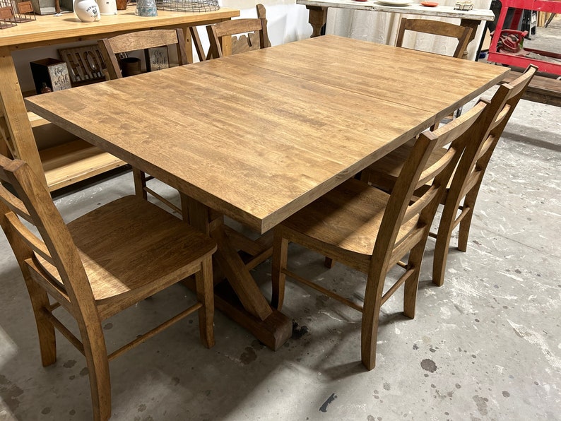 Extendable Farmhouse Table, Two Leaf Dining Set with Chairs, Modern Trestle Style Base, Stained Provincial Brown, Hardwood image 3