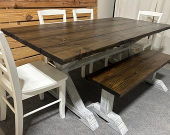 Farmhouse Dining Table Set: Dark Walnut Top, Distressed White Pedestal Base