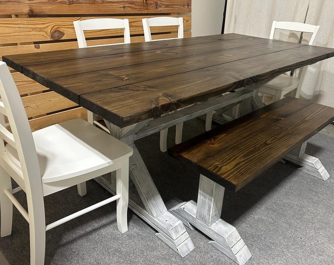 Pedestal Style Farmhouse Table - Bench and Chair Seating - Dark Walnut, Distressed White - Wooden Kitchen and Dining Table Set