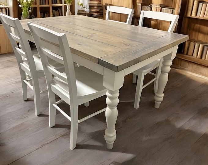 Farmhouse Table With Chairs - Classic Gray, Antique White - Dining Table - Kitchen Table - Rustic Wooden Furniture