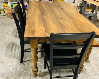 Rustic Farmhouse Table with Turned Legs, Bench and Black Chairs, Provincial Brown Stain Finish, Dining Set with Wooden Ladder Back Chairs