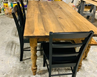 Rustic Farmhouse Dining Set: Provincial Brown Table, Black Ladder Back Chairs