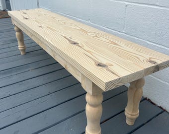 Farmhouse Entryway Bench | Unfinished Pine Wood Bench with Turned Legs | DIY Furniture for Dining Table | Rustic Decor Wooden Bench