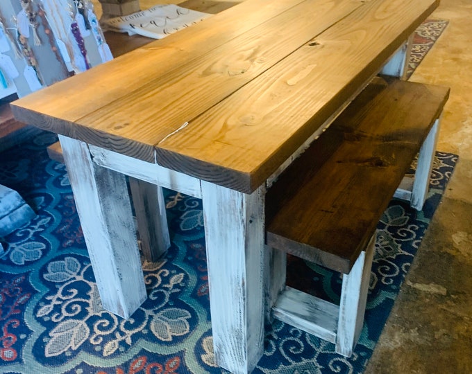 Kids Rustic Farmhouse Table Set with Benches, Children's Table, Dining Set, Provincial Brown Top with Distressed White Base, Kids Furniture