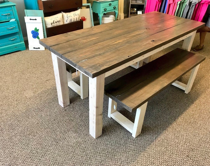 Rustic Farmhouse Table Set with Benches with Briarsmoke Brown and Gray Top and Stained White Base.  Farmhouse Dining Set.  Smokey Brown Top