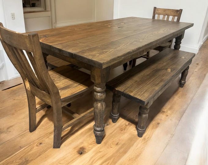 6ft Dining Table Set - With Chair and Bench Seating Options - Dark Walnut - Handcrafted Wooden Set