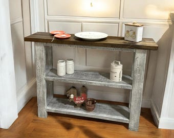 Console Table - Wooden Entryway Table and Shelving - Dark Walnut Distressed White