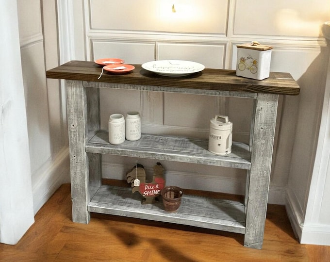 Console Table - Wooden Entryway Table and Shelving - Dark Walnut Distressed White