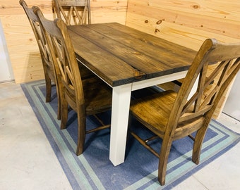Rustic Farmhouse Table Set with Bench and Chairs, White Base and Dark Walnut Brown Top, Dining Set with Chairs Kitchen Table Set