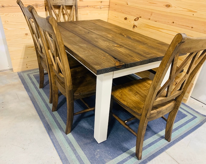 Rustic Farmhouse Table Set with Bench and Chairs, White Base and Dark Walnut Brown Top, Dining Set with Chairs Kitchen Table Set