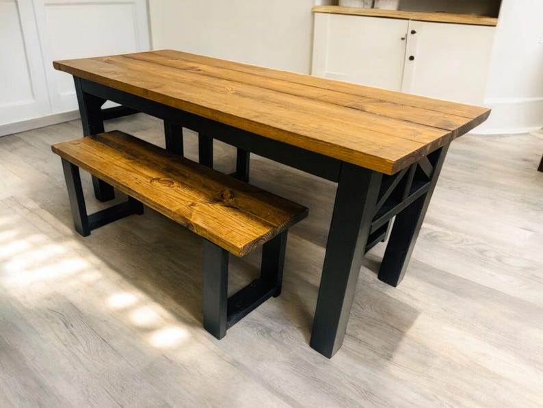 Narrow Bench Table Narrow Farmhouse Table With Benches: Provincial Brown, Black X Accents ...