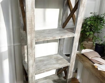 Wooden Shelving Unit - Distressed White Finish and Briar Smoke X Accents - Tall Bookcase and Storage - Bookshelf