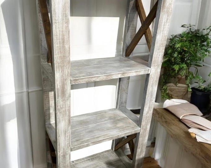 Wooden Shelving Unit - Distressed White Finish and Briar Smoke X Accents - Tall Bookcase and Storage - Bookshelf