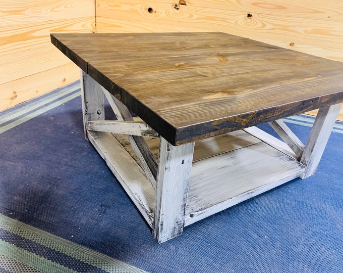 Large Farmhouse Style Coffee Table, Square Table, Espresso Brown Top, Distressed White Base, Wooden Living Room Set with X Style Criss Cross