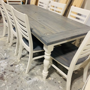 7ft Rustic Farmhouse Table with Turned Legs, Chair Set Classic Gray Top and Antique White Base, Wooden Dining Table