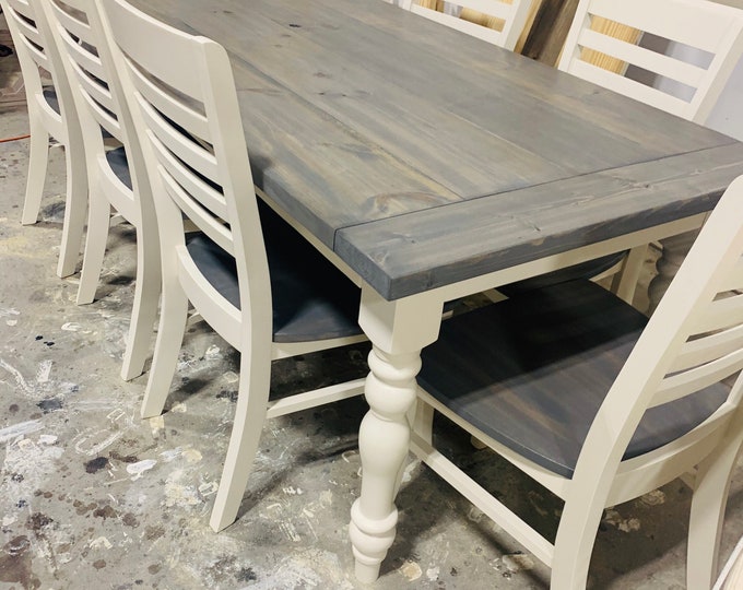 7ft Rustic Farmhouse Table with Turned Legs, Chair Set Classic Gray Top and Antique White Base, Wooden Dining Table