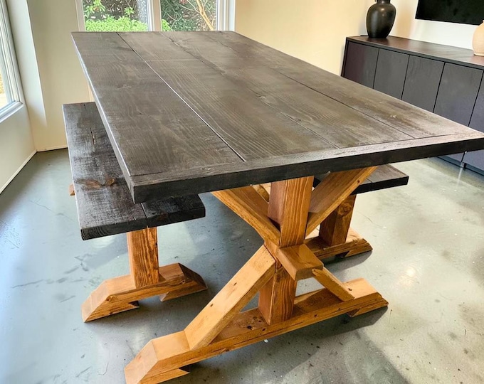 Farmhouse Dining Table Set With Benches 6ft Modern Pedestal Kitchen Table