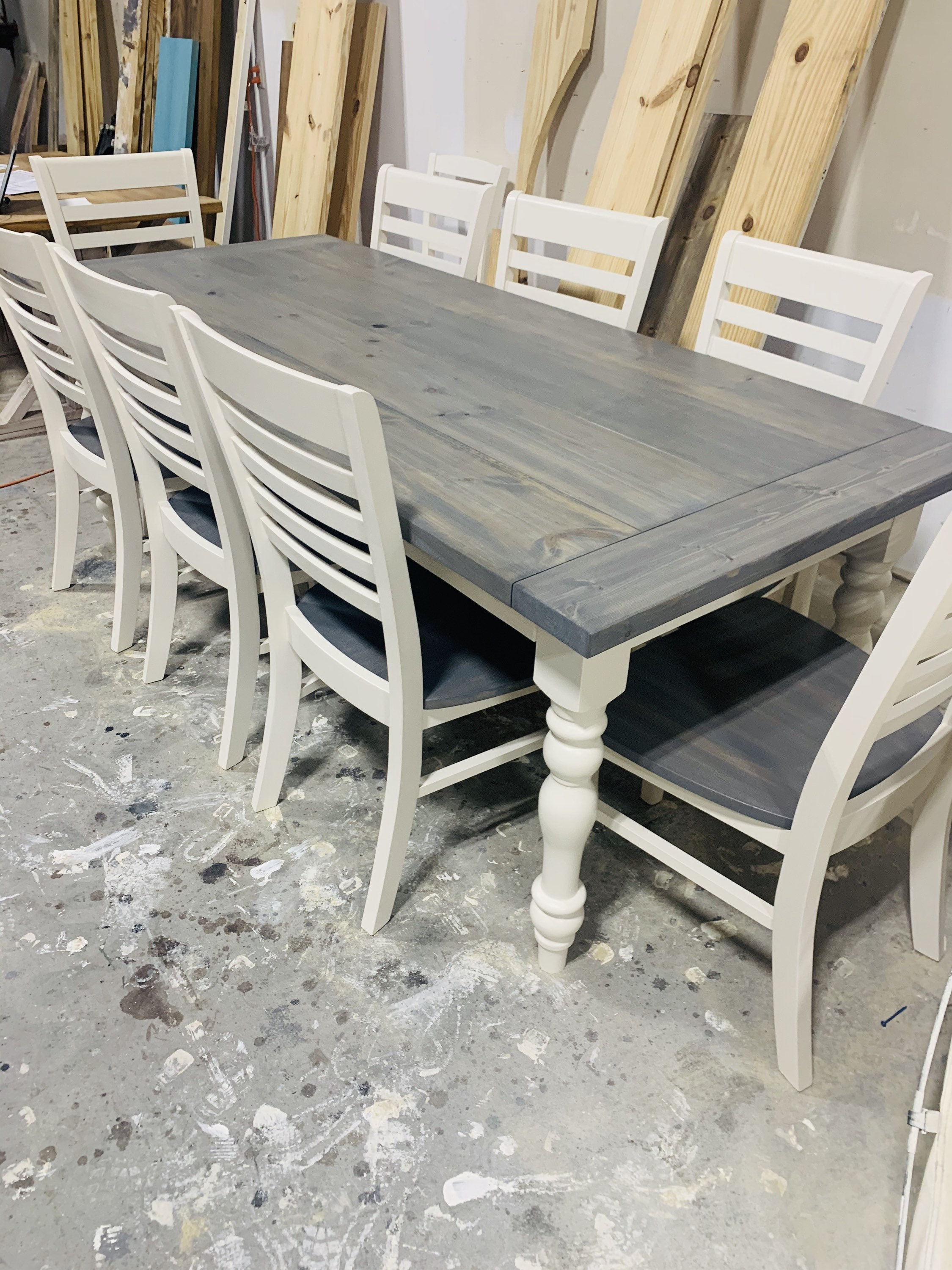 7ft Rustic Farmhouse Table with Turned Legs Chair Set Classic