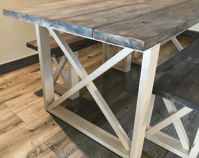 Gray Farmhouse Dining Table Set With Benches Rustic X Base White Kitchen Furniture