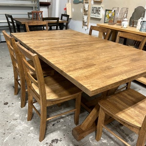 Extendable Farmhouse Table, Two Leaf Dining Set with Chairs, Modern Trestle Style Base, Stained Provincial Brown, Hardwood image 5