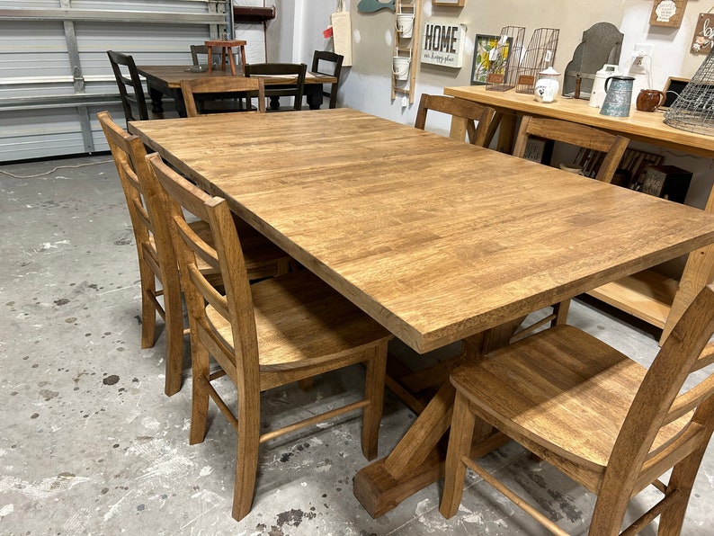 Extendable Farmhouse Table, Two Leaf Dining Set with Chairs, Modern Trestle Style Base, Stained Provincial Brown, Hardwood image 5