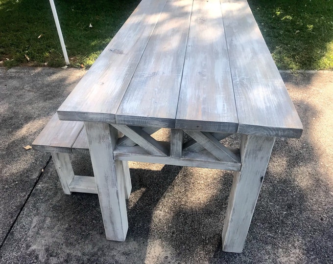 Rustic Wooden Farmhouse Table Set with Gray White Wash Top and Whiye Distressed Base Criss Cross Style Includes One Bench