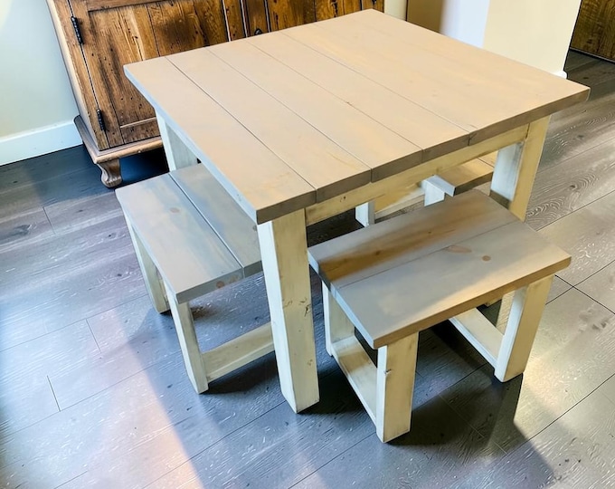 Square Farmhouse Dining Table Set With Stools Small Kitchen Breakfast Table Rustic Wood