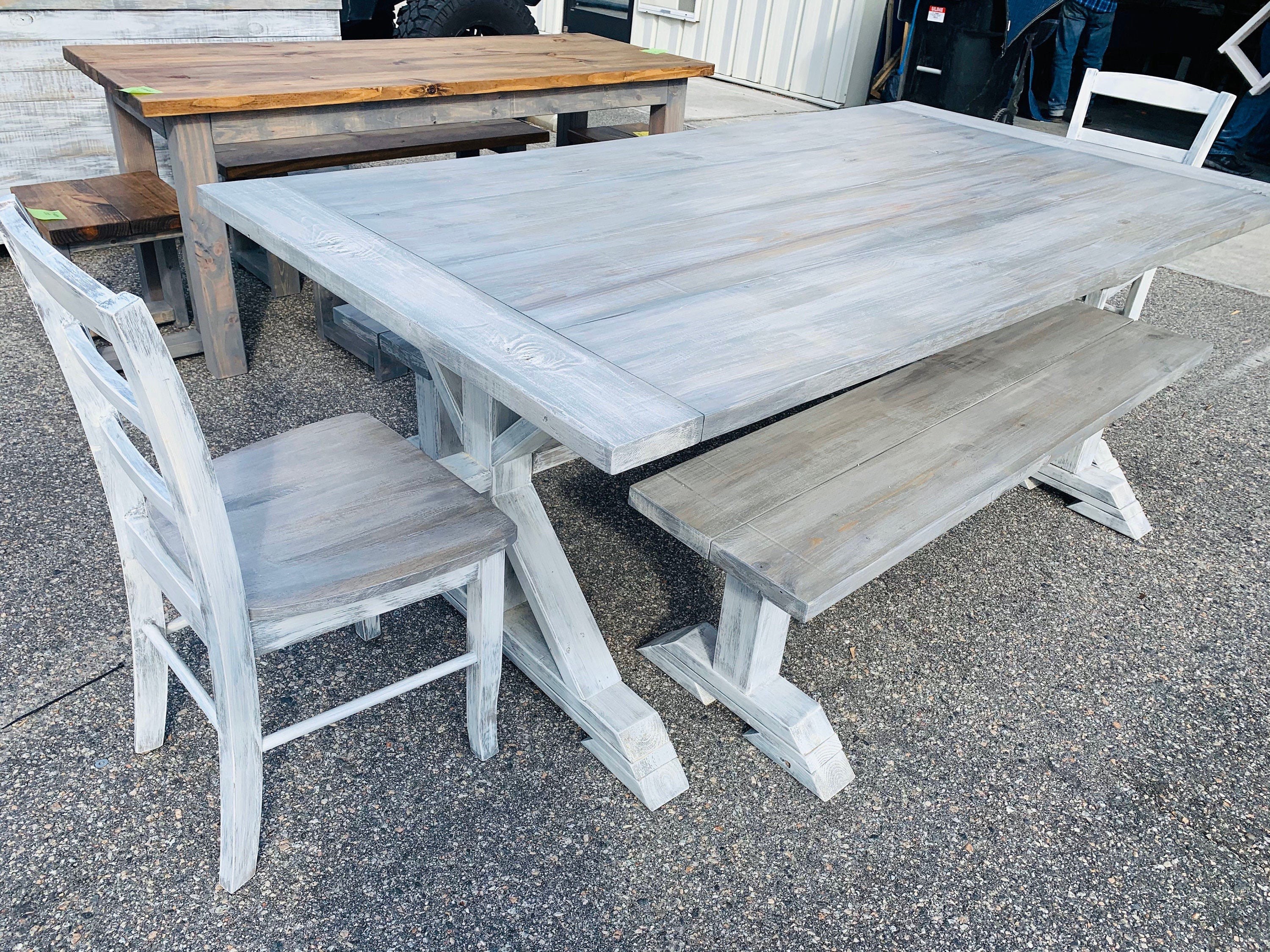 7ft rustic farmhouse table set with benches and chairs and