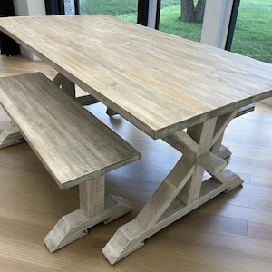 Rustic Farmhouse Dining Table Set: Gray White Wash, Solid Wood Benches