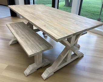 Rustic Farmhouse Dining Table Set: Gray White Wash, Solid Wood Benches