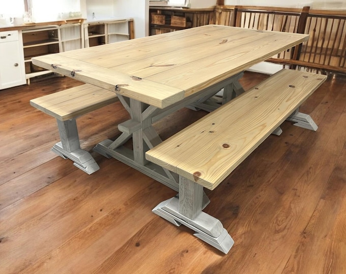Rustic Dining Table With Benches : Farmhouse Furniture - 6ft Wooden Dining Table - Pedestal Style Base