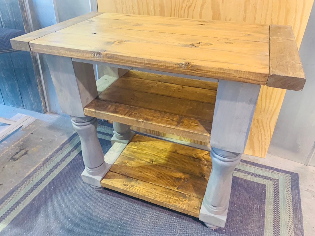 Rustic Farmhouse Island With Shelving Provincial Stained Top And